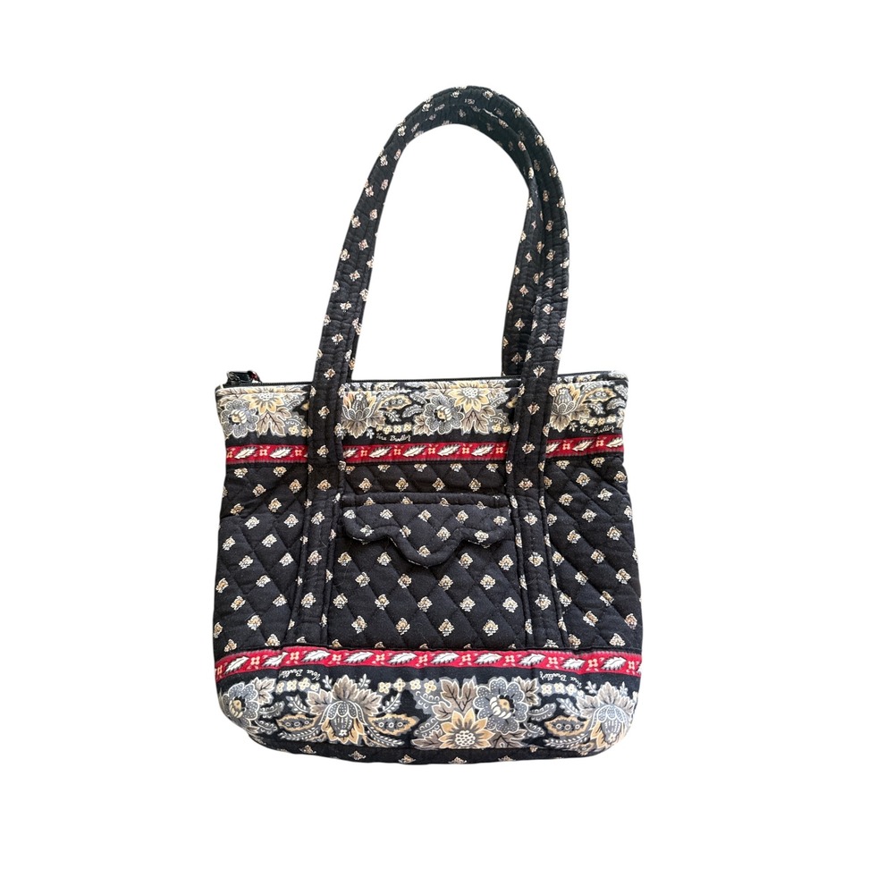 Vera Bradley Quilted Cotton Tote in Classic Black Floral Zip Top Shoulder Bag